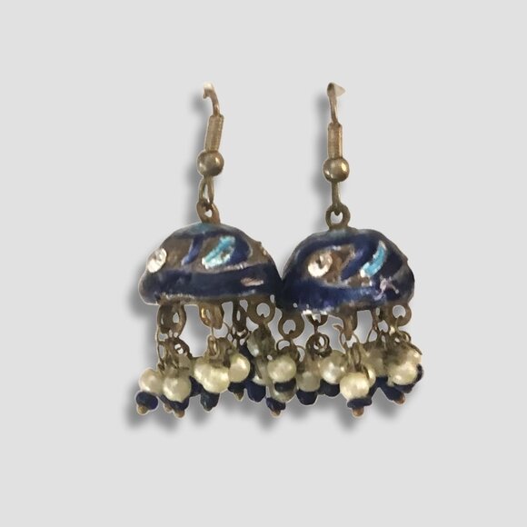 Vintage Jhumka Chandelier Earrings Half Sphere Enamel Beaded Tassels Blue/Gold $ - Picture 2 of 8